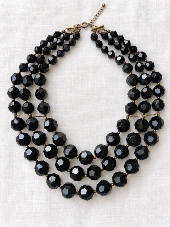 Vintage Jewelry - Vintage 1980s Black Faceted Acrylic Multi-Strand Statement Necklace